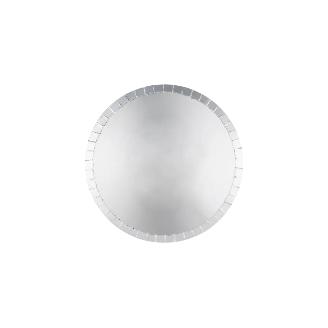 Silver dinner plate with a metallic shine for celebrations from Parte Haus party supply store in Bethesda Maryland