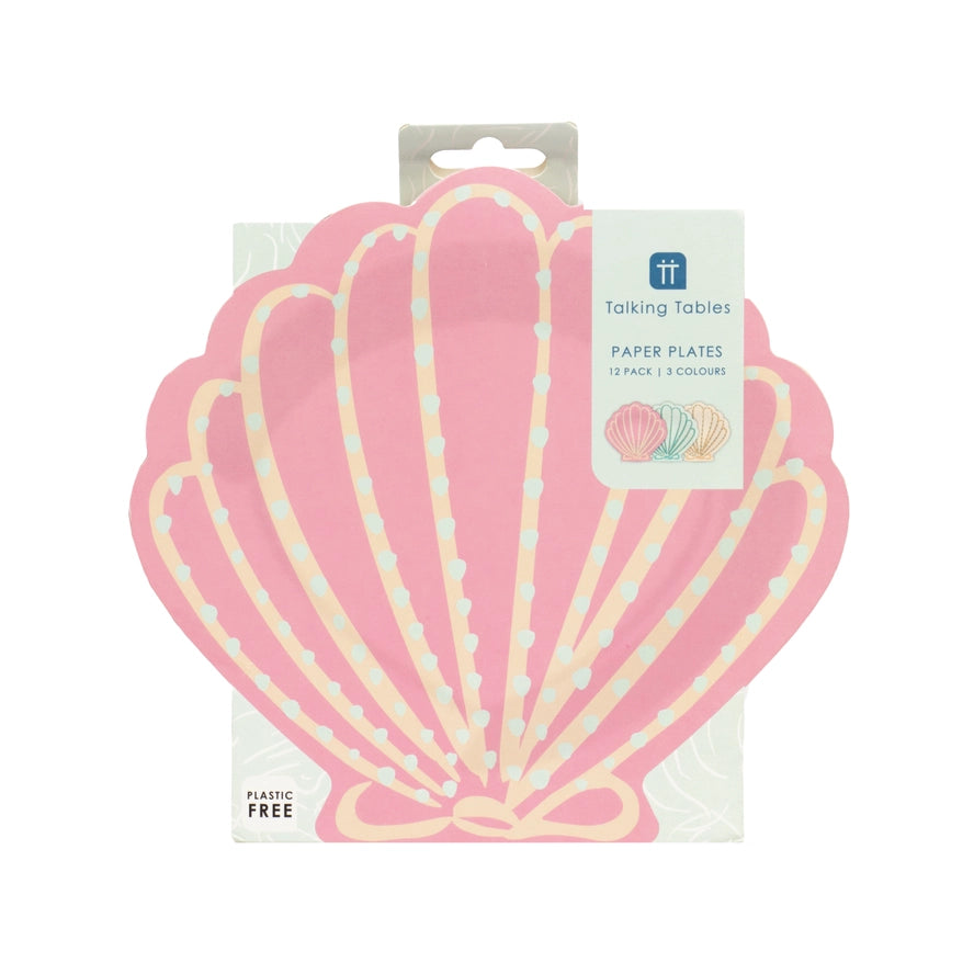 Pink shell shaped paper plates mermaid birthday theme from Parte Haus party supply store in Bethesda Maryland