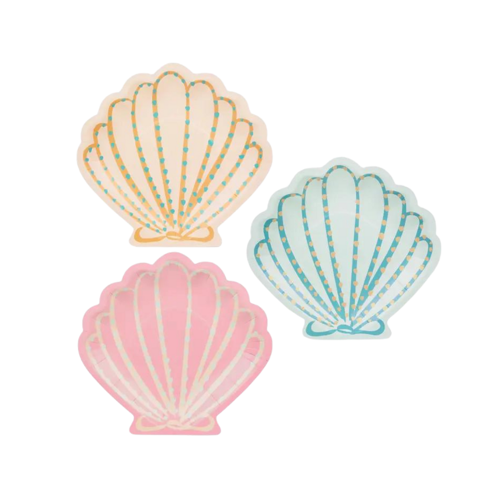 Pastel shell shaped plates with gold accents mermaid theme from Parte Haus party supply store in Bethesda MD