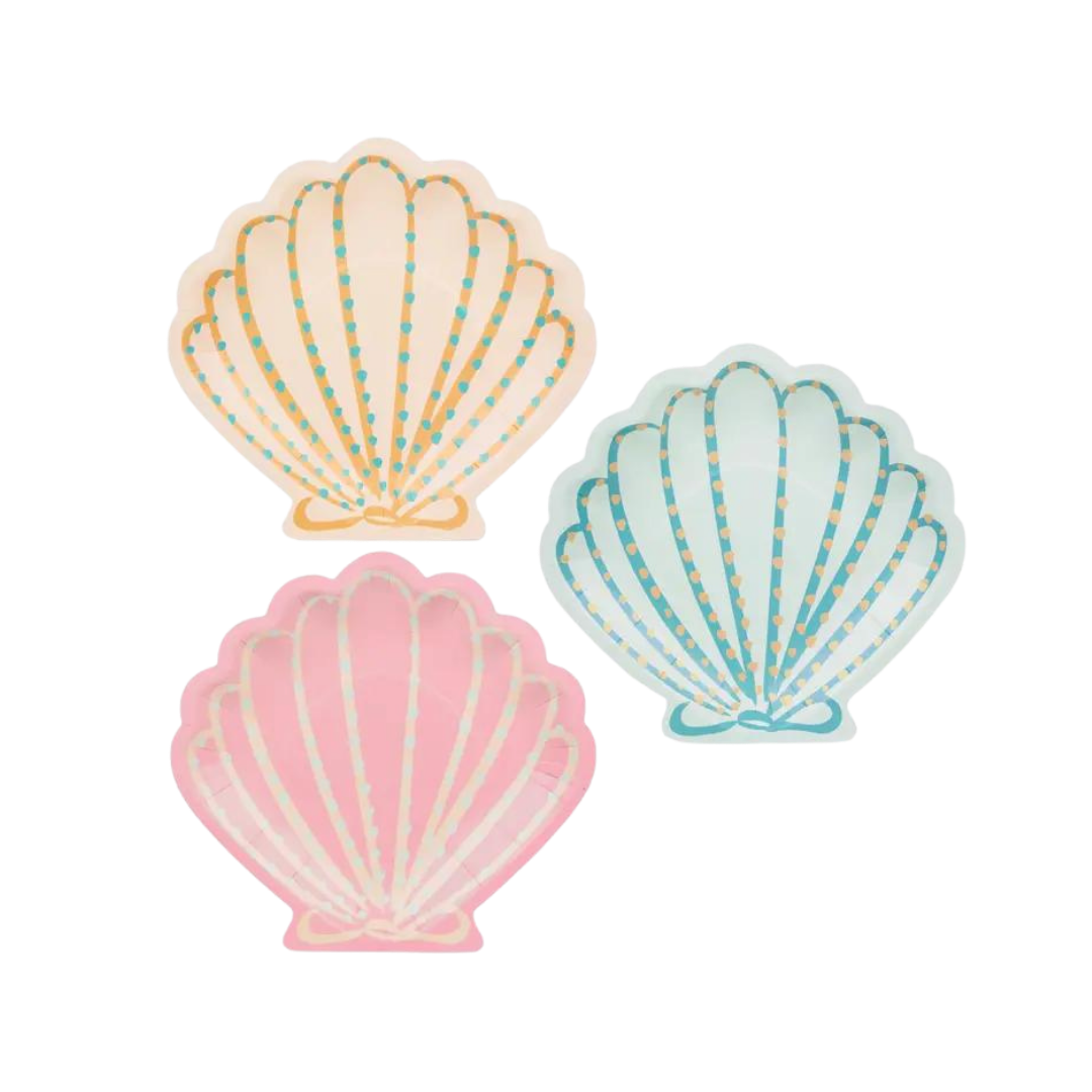 Pastel shell shaped plates with gold accents mermaid theme from Parte Haus party supply store in Bethesda MD