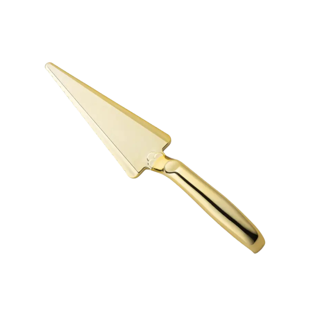 Shiny gold plastic cake cutter lifter for birthday celebrations from Parte Haus party supply store in Bethesda MD.