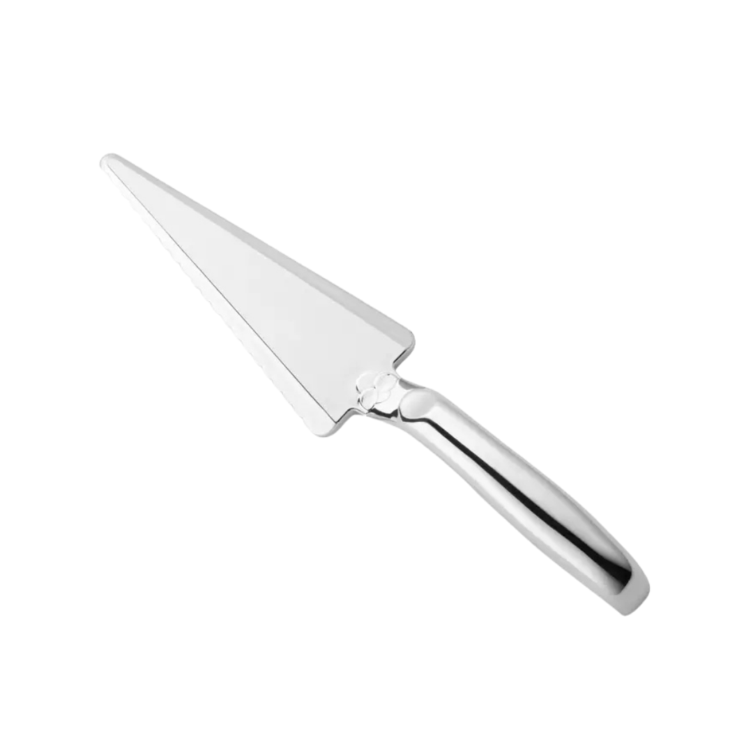 Shiny silver plastic cake cutter with triangle blade for celebrations from Parte Haus party supply store in Bethesda MD
