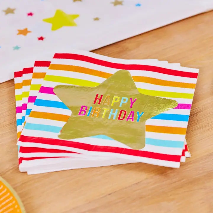Colorful striped happy birthday napkins with gold star birthday theme from Parte Haus party supply store in Bethesda MD