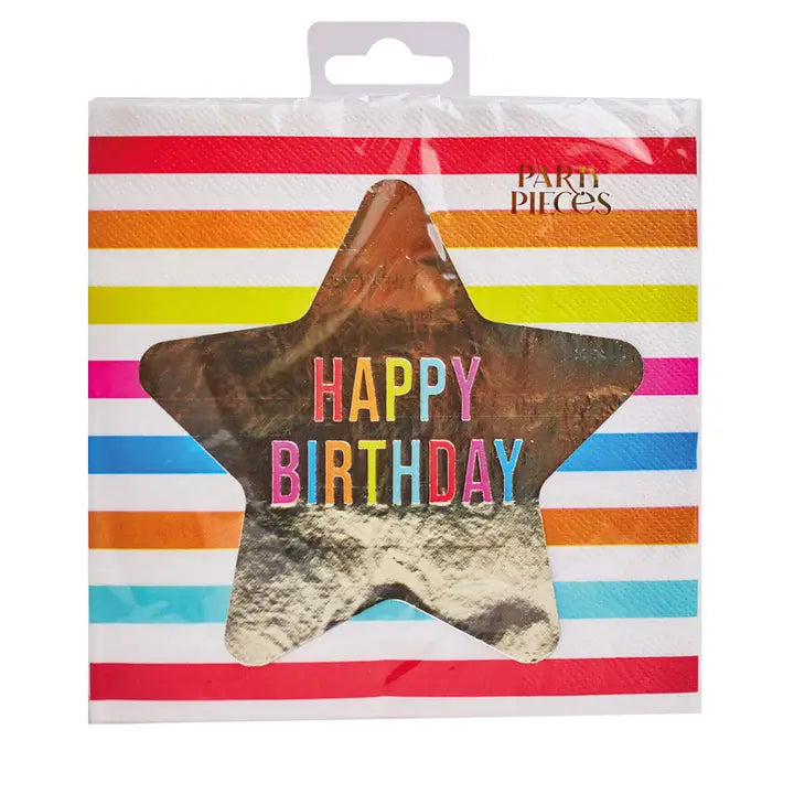 Rainbow striped shooting star birthday napkins with gold star happy birthday design from Parte Haus party supply store in Bethesda MD