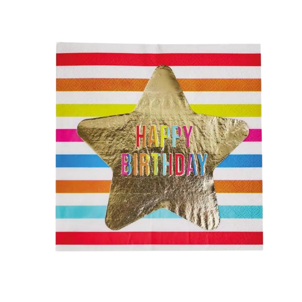 Multicolor happy birthday napkin with gold star and rainbow stripes birthday theme from Parte Haus party supply store in Bethesda MD