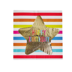 Multicolor happy birthday napkin with gold star and rainbow stripes birthday theme from Parte Haus party supply store in Bethesda MD
