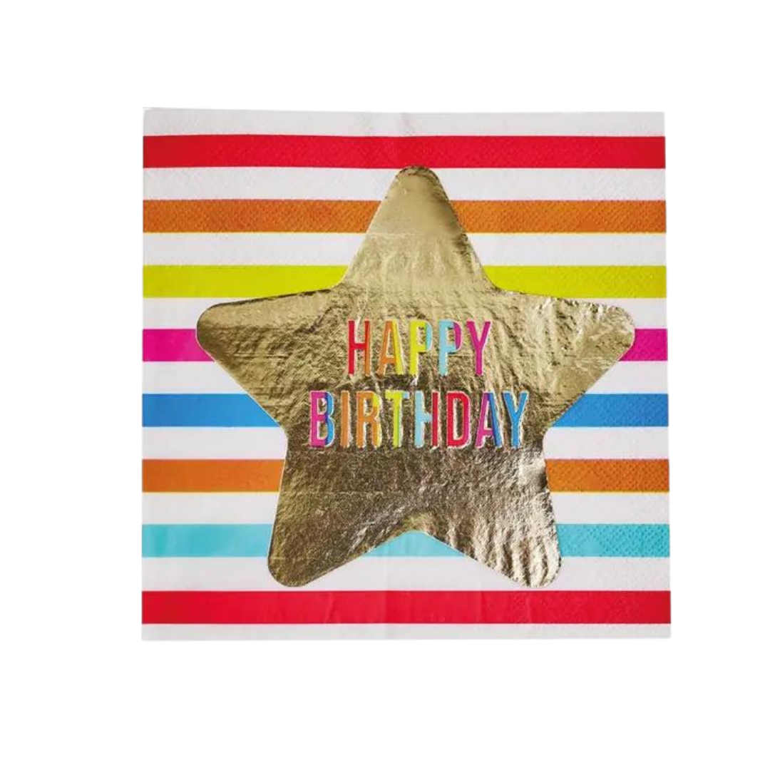 Multicolor happy birthday napkin with gold star and rainbow stripes birthday theme from Parte Haus party supply store in Bethesda MD