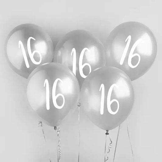 Silver '16' Latex 12" Balloons 5 Pack