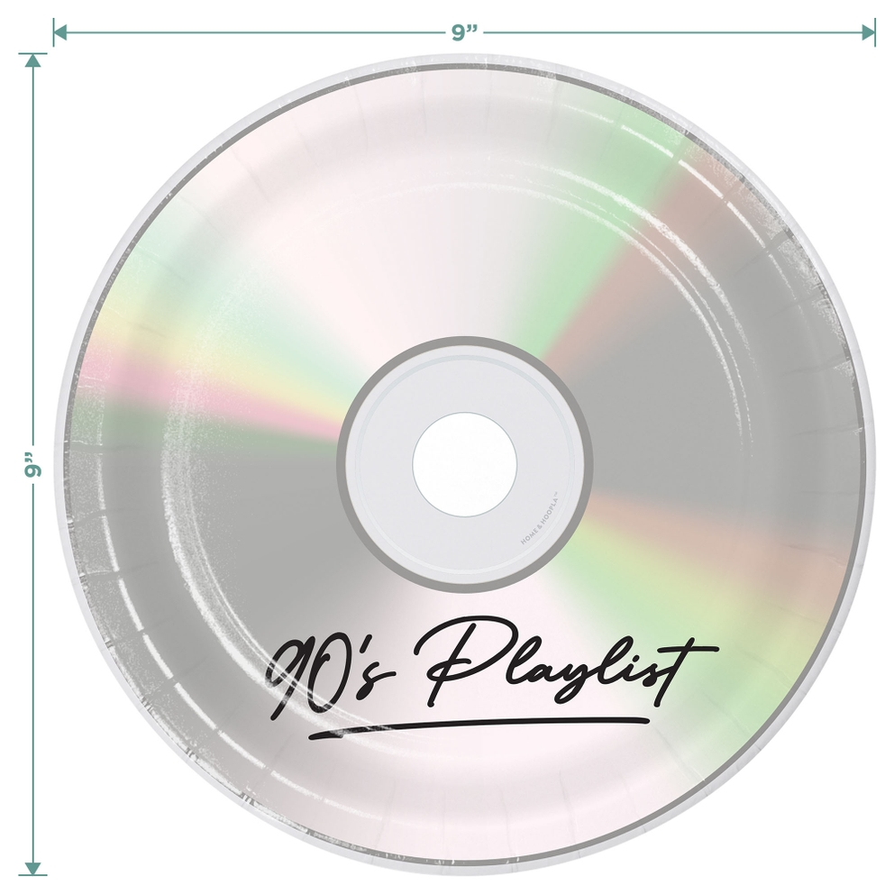 Silver 90s mix CD dinner plate with holographic shine for retro birthday from Parte Haus party supply store in Bethesda MD