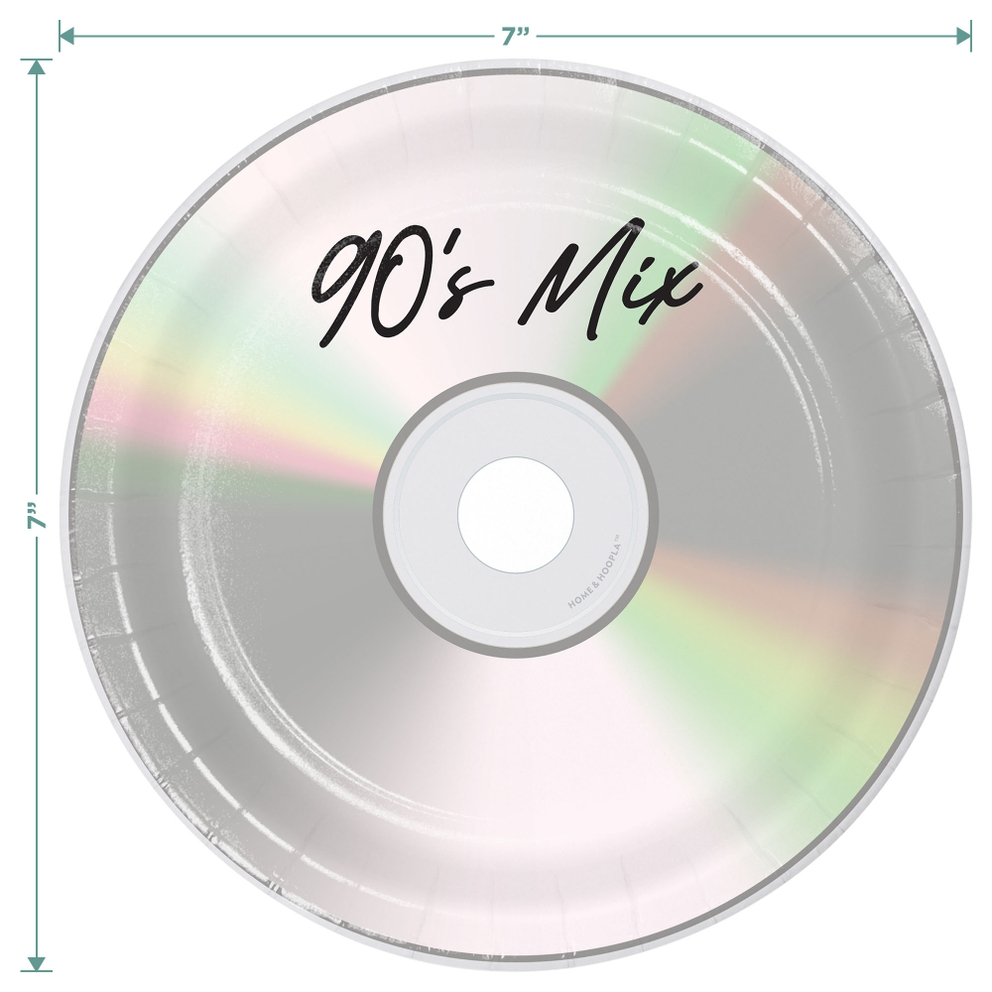 Silver 90s Mix CD plate with iridescent shine retro music theme from Parte Haus party supply store in Bethesda MD.