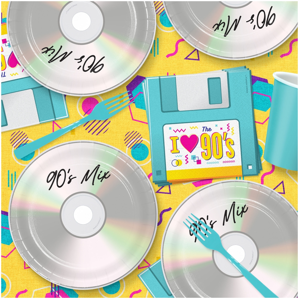 Silver 90s Mix CD party plates with floppy disk napkins and teal utensils 90s theme from Parte Haus party supply store in Bethesda MD