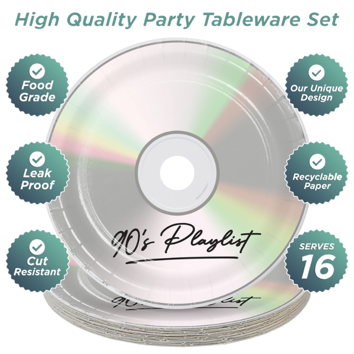 Silver 90s mix CD design dessert plates birthday celebration from Parte Haus party supply store in Bethesda Maryland