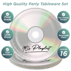 Silver 90s mix CD design dessert plates birthday celebration from Parte Haus party supply store in Bethesda Maryland