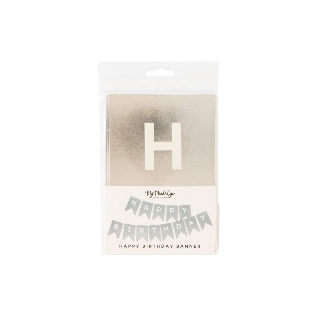 Silver foil happy birthday banner perfect for birthday celebrations from Parte Haus party supply store in Bethesda Maryland