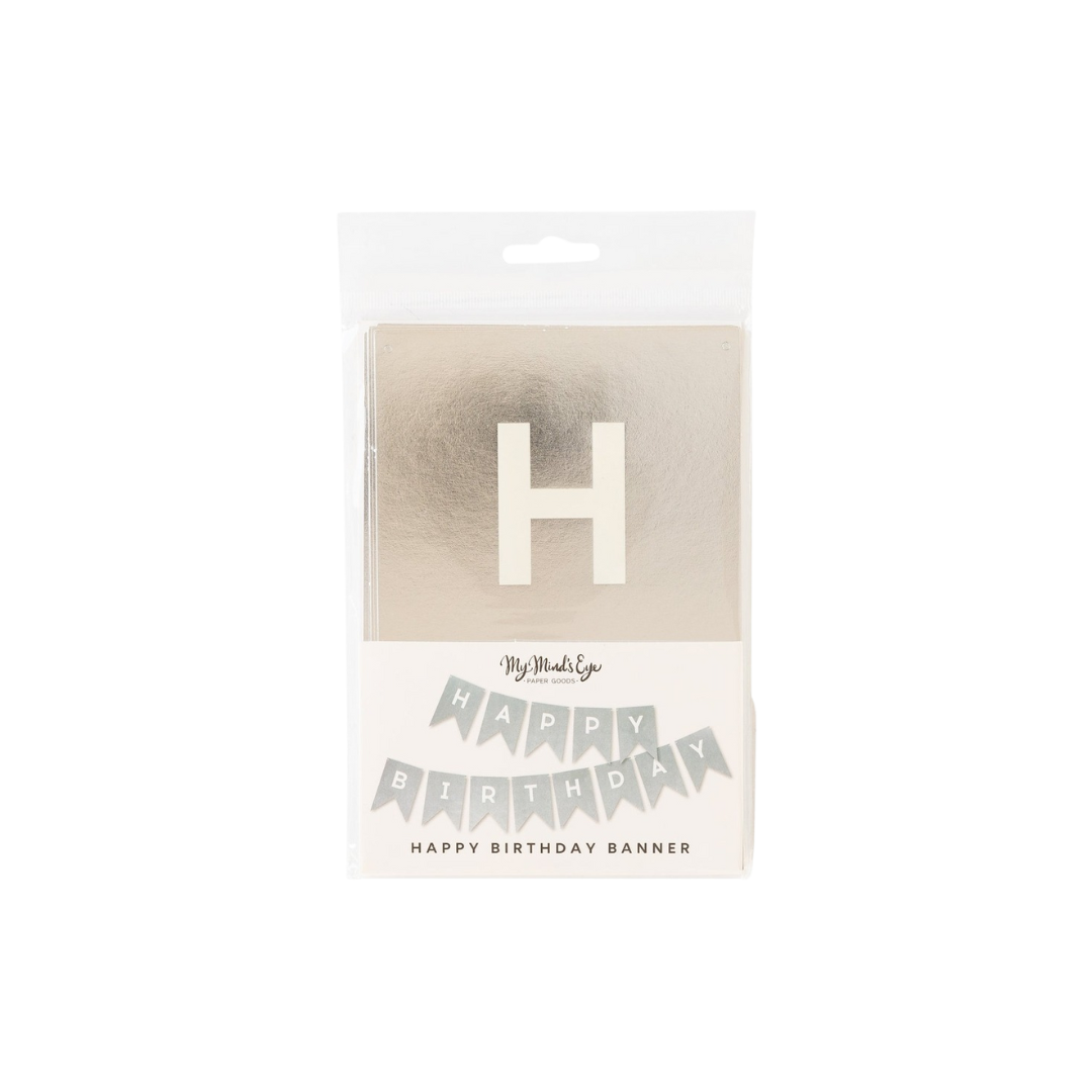 Silver foil happy birthday banner perfect for birthday celebrations from Parte Haus party supply store in Bethesda Maryland