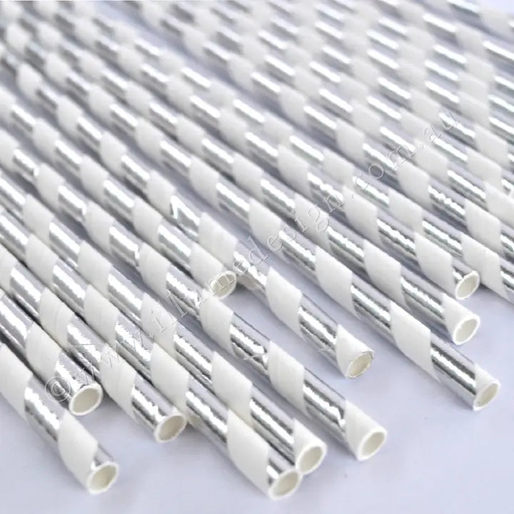 Silver foiled striped paper straws for celebrations from Parte Haus party supply store in Bethesda Maryland