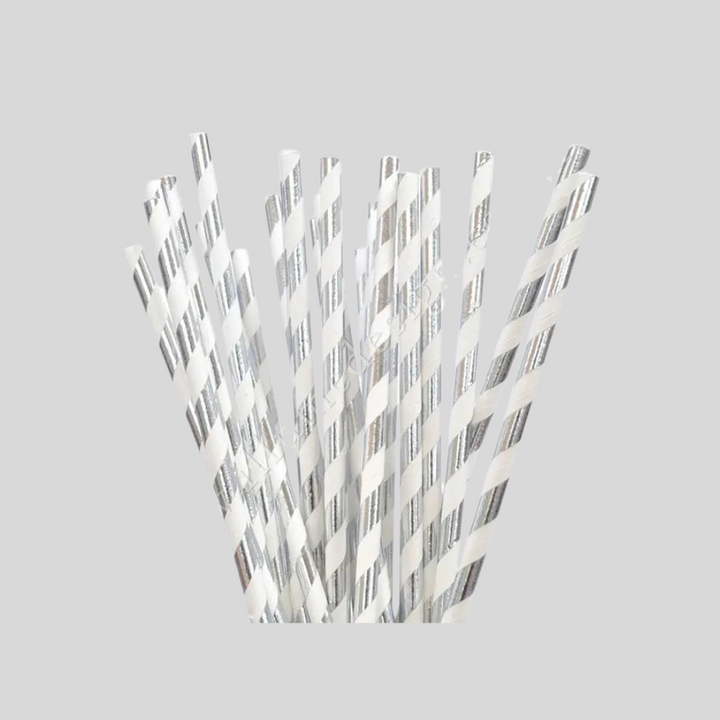 Silver Striped Paper Straws - 25 pk