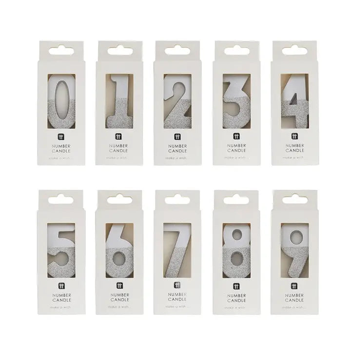 Silver glitter number birthday candles in packaging for celebration from Parte Haus party supply store in Bethesda MD