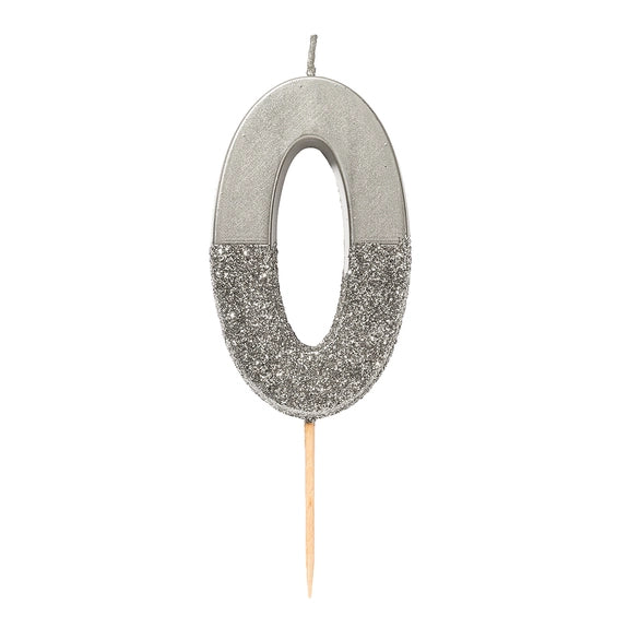 Silver glitter number 0 candle for birthdays from Parte Haus party supply store in Bethesda Maryland
