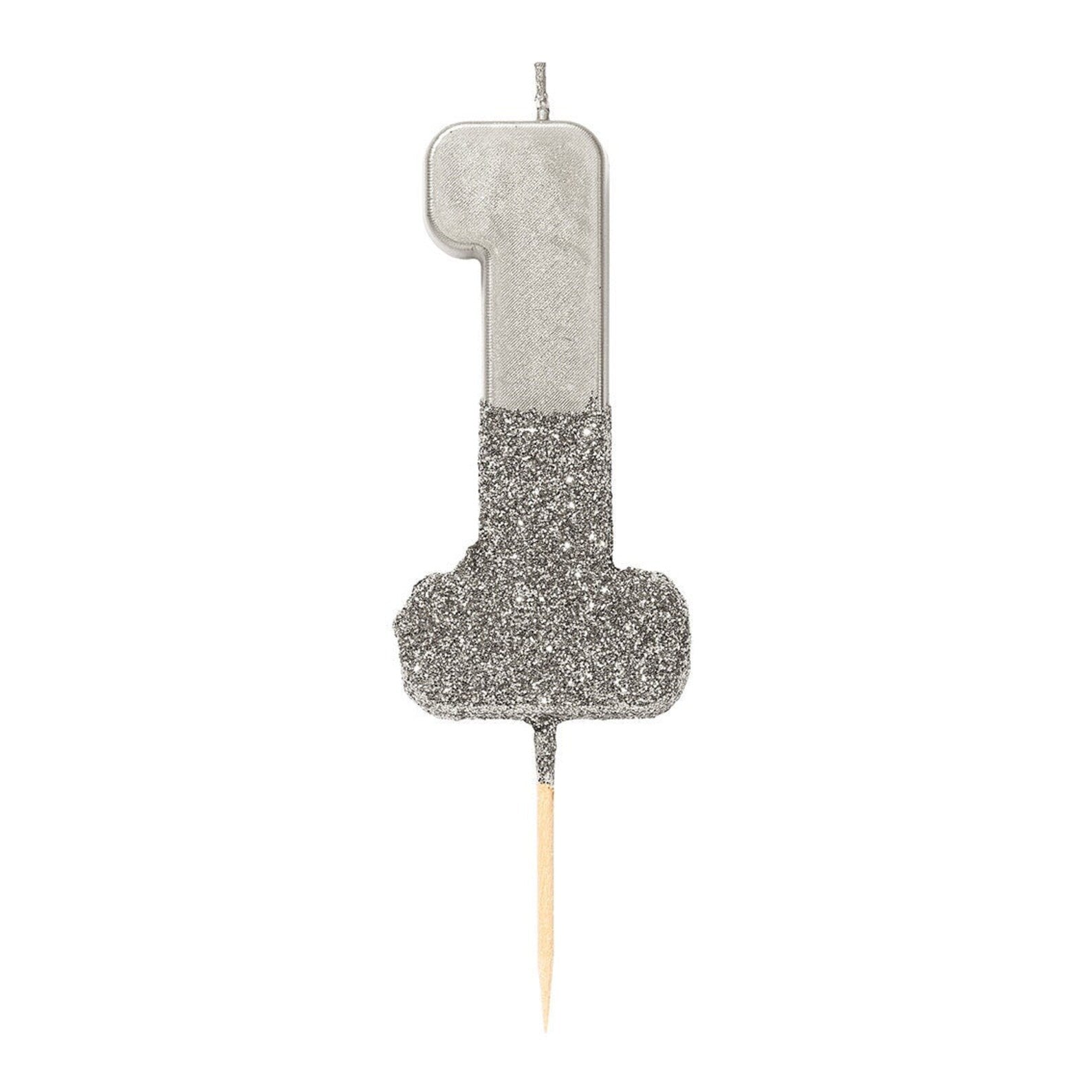 Silver glitter number one candle for birthday from Parte Haus party supply store in Bethesda Maryland
