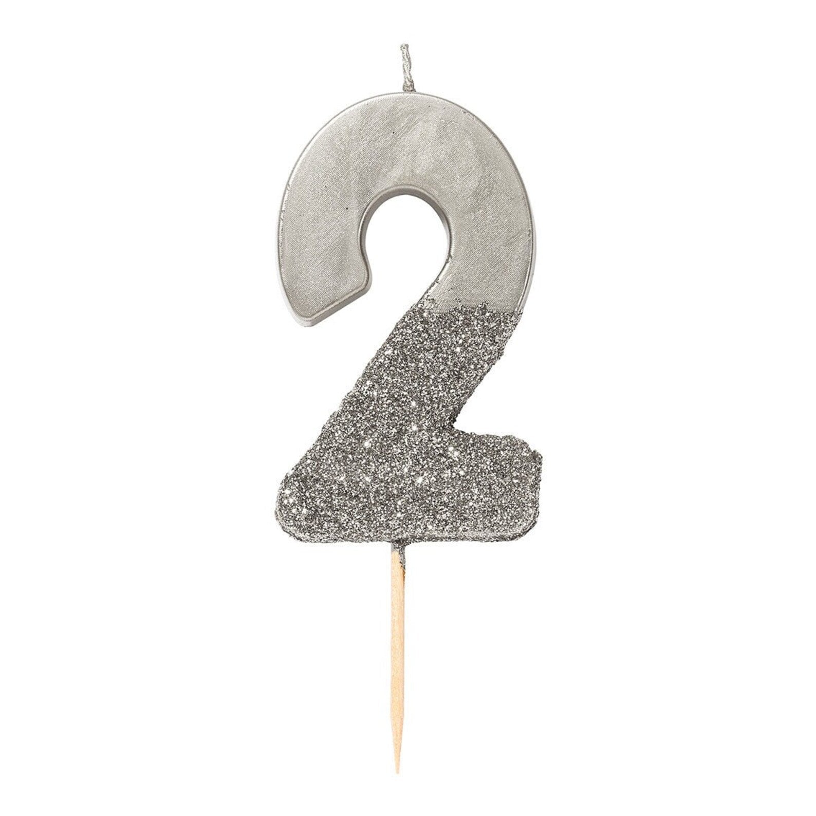 Silver glitter number 2 candle for birthday celebrations from Parte Haus party supply store in Bethesda MD