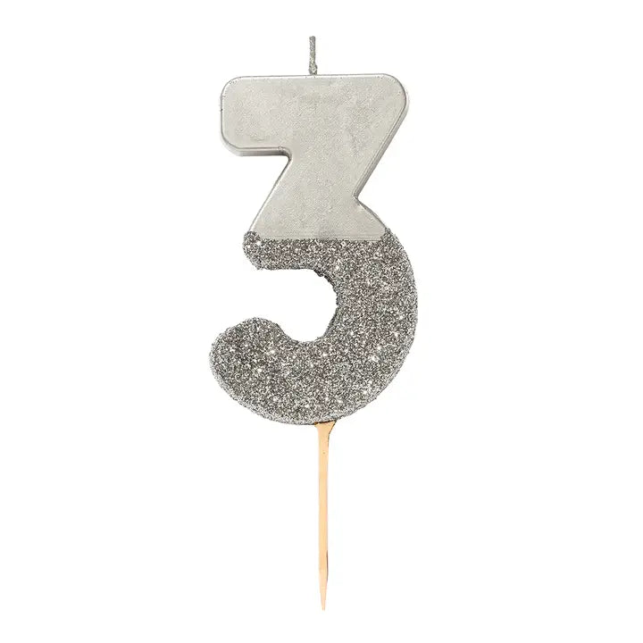 Silver glitter number three birthday candle perfect for celebrations from Parte Haus party supply store in Bethesda MD