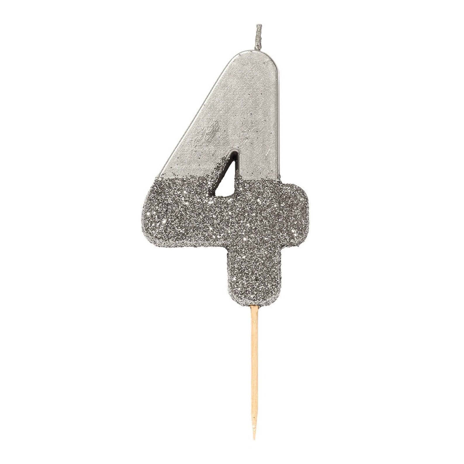 Silver glitter number 4 candle for birthday celebration from Parte Haus party supply store in Bethesda Maryland