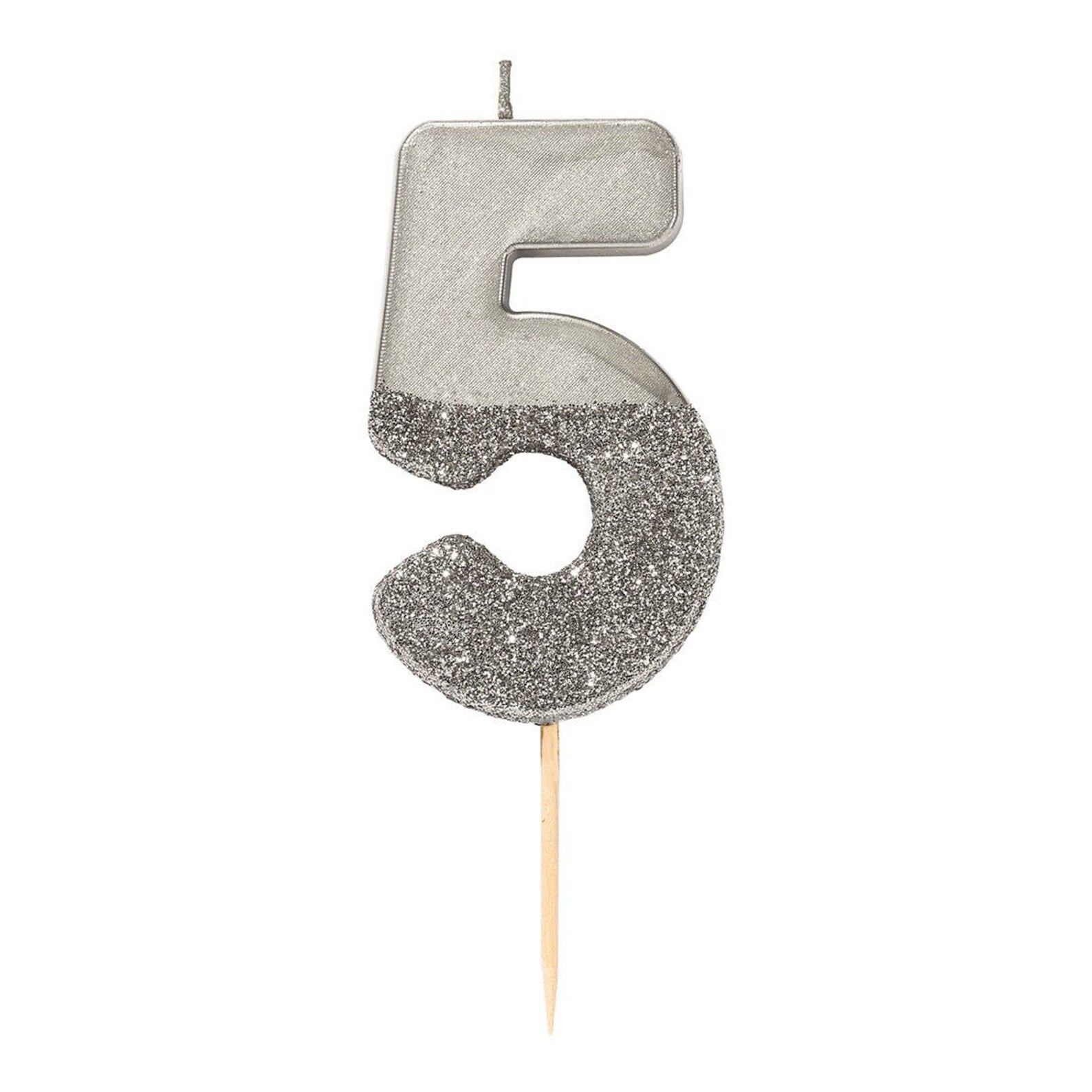 Silver glitter number 5 birthday candle for celebration from Parte Haus party supply store in Bethesda MD