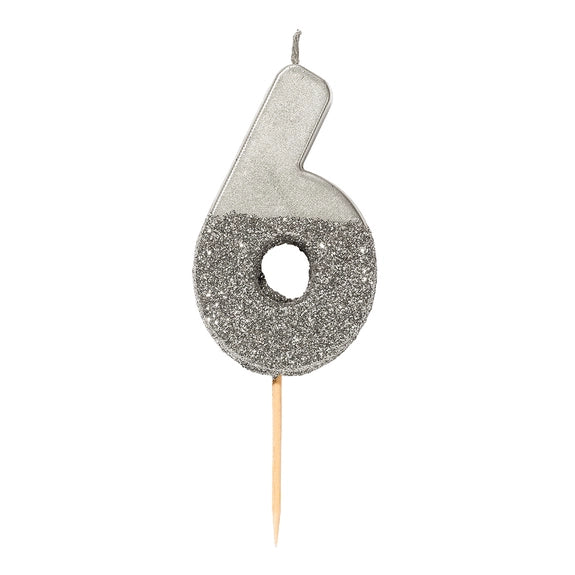 Silver glitter number 6 candle for birthday from Parte Haus party supply store in Bethesda Maryland