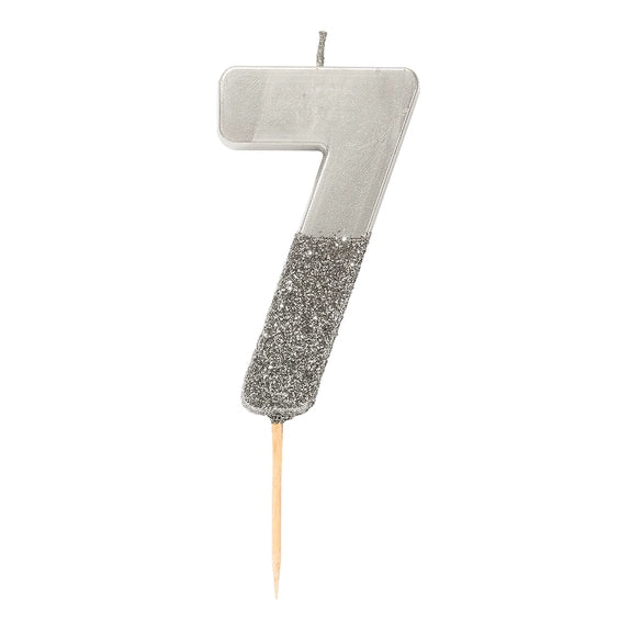 Silver glitter number 7 candle for birthday celebration from Parte Haus party supply store in Bethesda Maryland