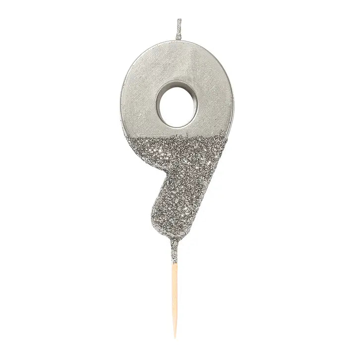 Silver glitter number 9 candle for birthday celebration from Parte Haus party supply store in Bethesda MD