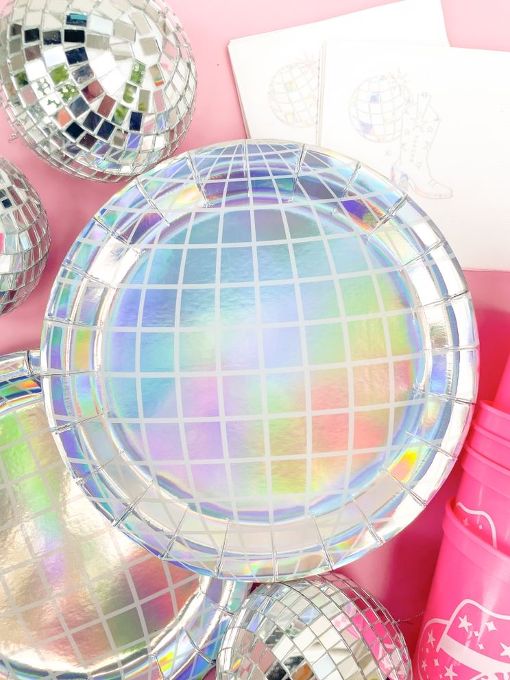 Silver holographic disco ball dinner plate with pink party theme from Parte Haus party supply store in Bethesda Maryland