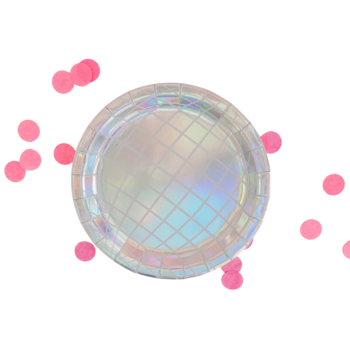 Silver holographic dinner plate large disco ball style with pink confetti from Parte Haus party supply store in Bethesda MD