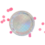 Silver holographic dinner plate large disco ball style with pink confetti from Parte Haus party supply store in Bethesda MD