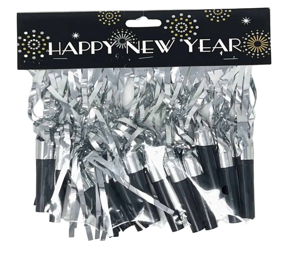 Silver metallic blowouts with shiny streamers New Year theme from Parte Haus party supply store in Bethesda Maryland