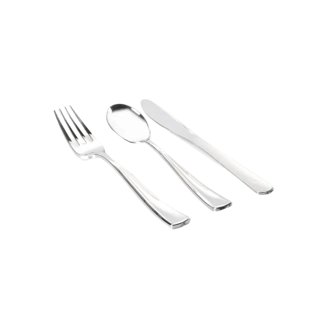 Silver cutlery combo set with fork knife and spoon elegant table setting from Parte Haus party supply store in Bethesda MD