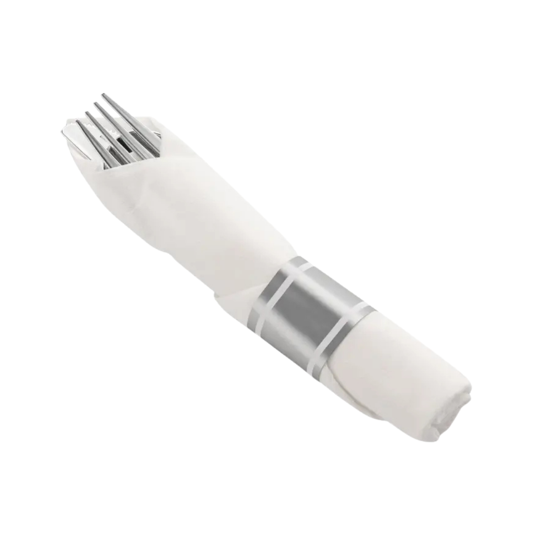 Silver plastic cutlery wrapped in white napkin set for events from Parte Haus party supply store in Bethesda MD