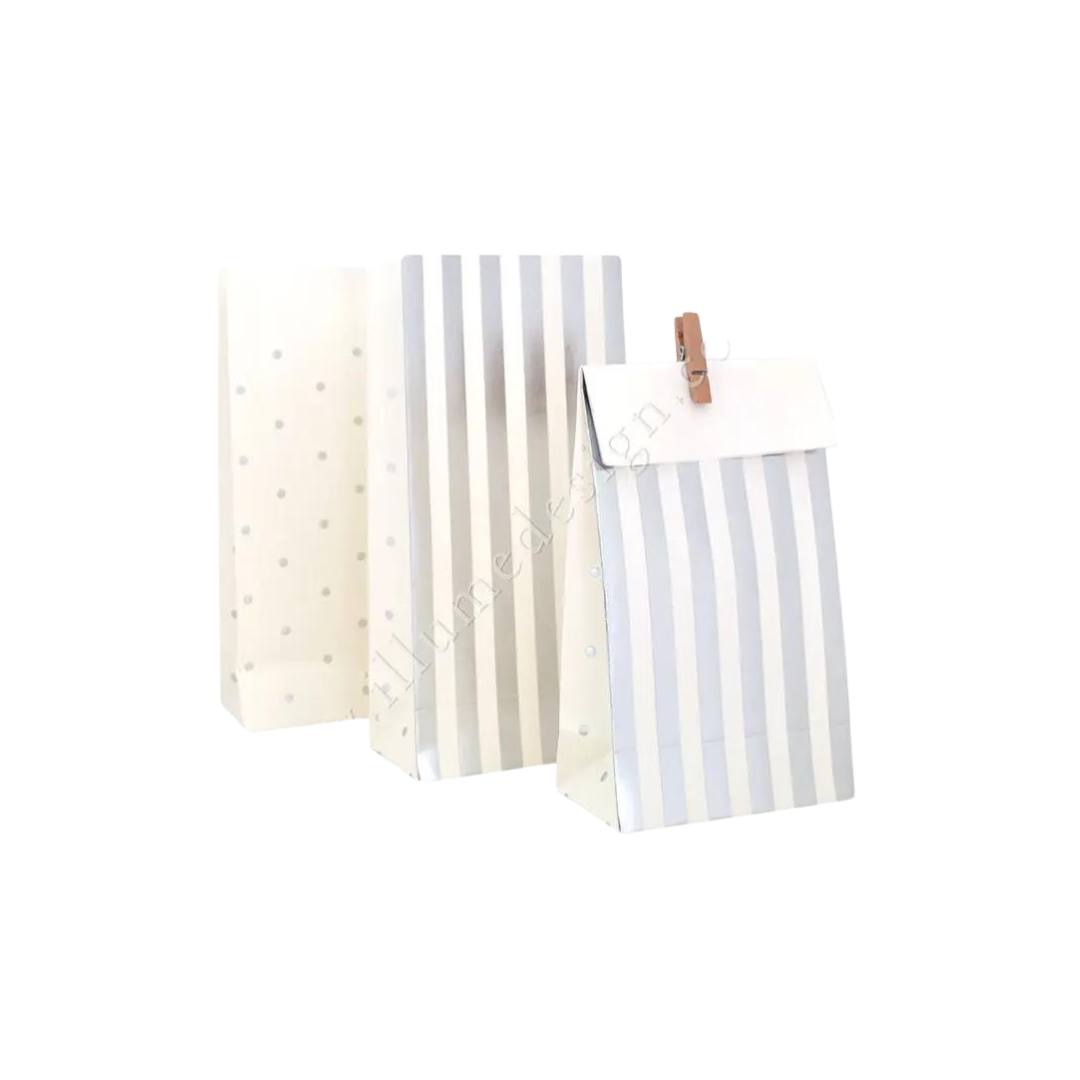 Silver striped and polka dot treat bags perfect for birthdays from Parte Haus party supply store in Bethesda MD