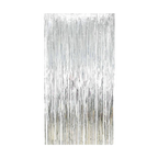 Silver metallic fringe tinsel curtain backdrop festive decor from Parte Haus party supply store in Bethesda Maryland