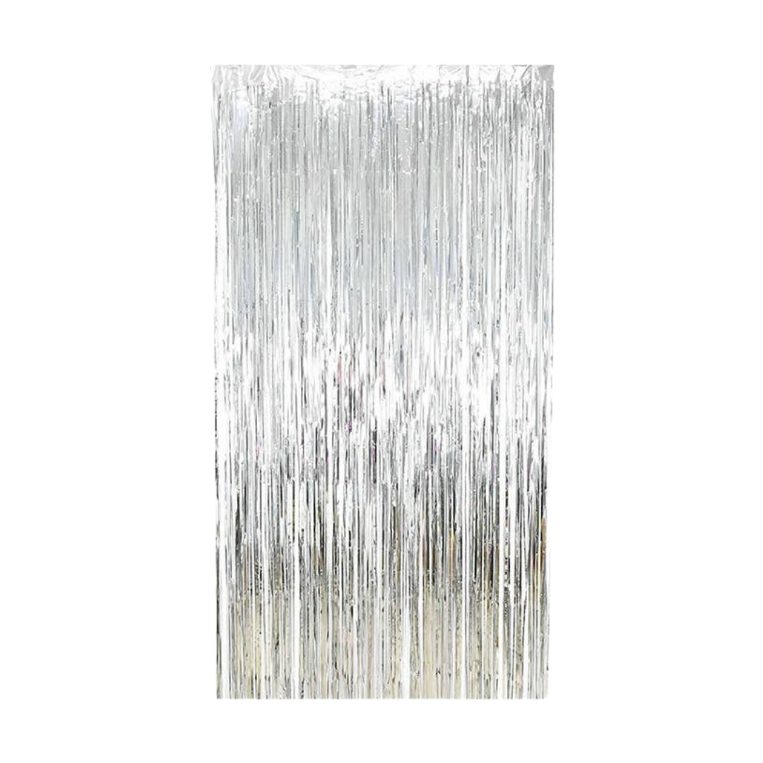 Silver metallic fringe tinsel curtain backdrop festive decor from Parte Haus party supply store in Bethesda Maryland