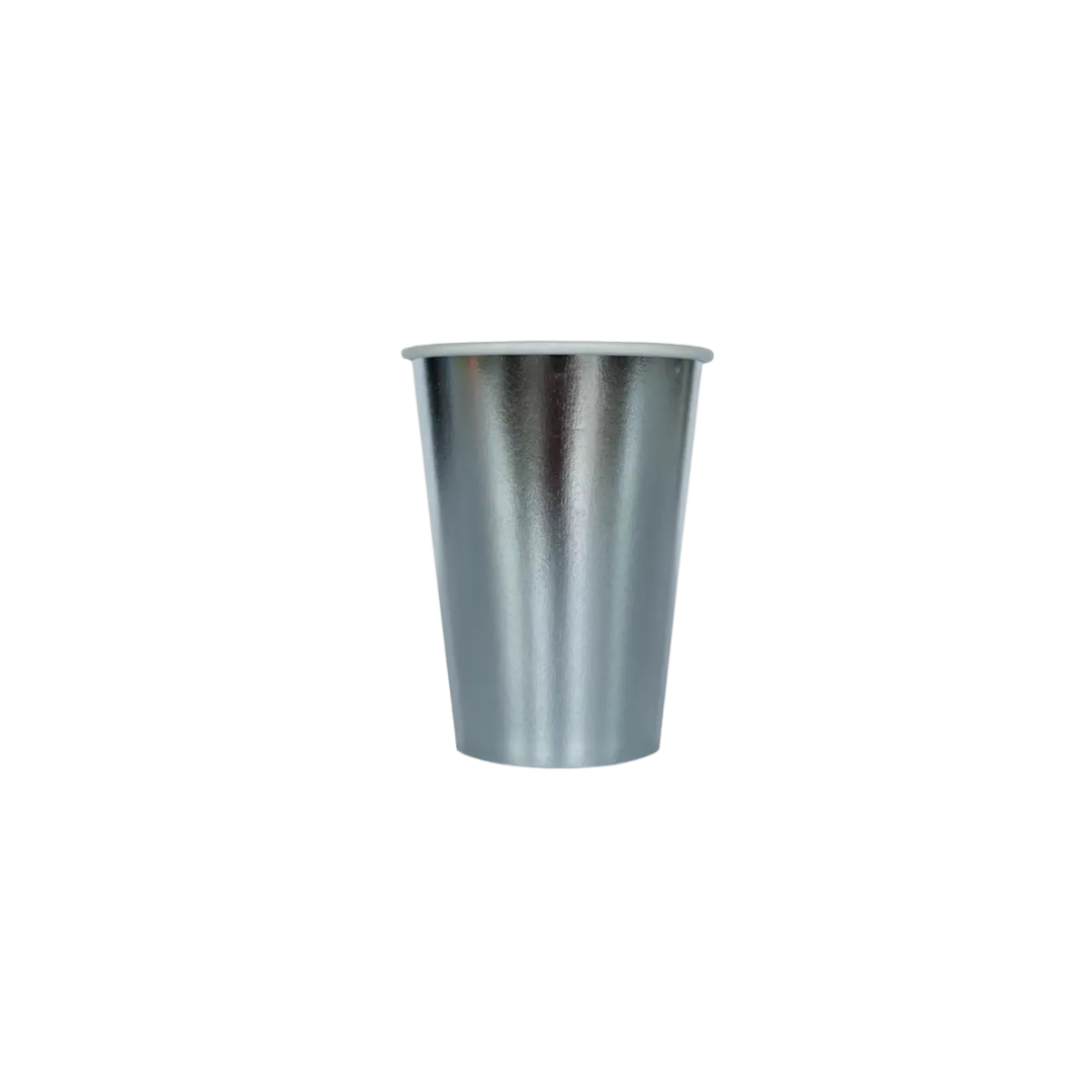 Silver paper cup with metallic finish for celebrations from Parte Haus party supply store in Bethesda Maryland
