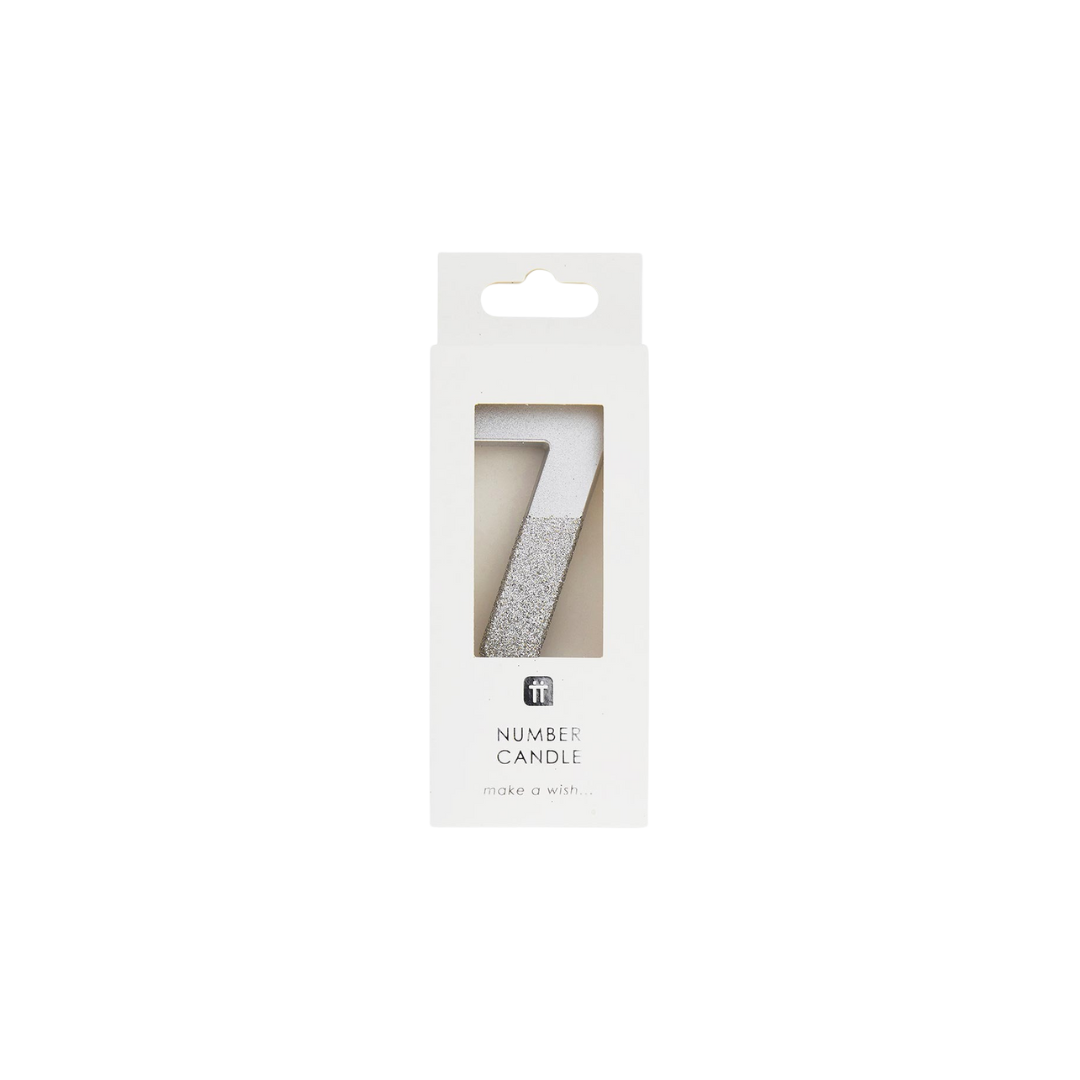 Silver number seven candle with glitter for birthday from Parte Haus party supply store in Bethesda Maryland
