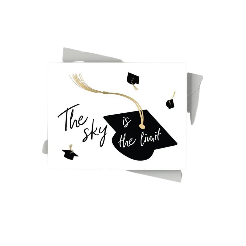 Black and gold graduation card with flying caps and sky is the limit text Graduation from Parte Haus party supply store in Bethesda MD