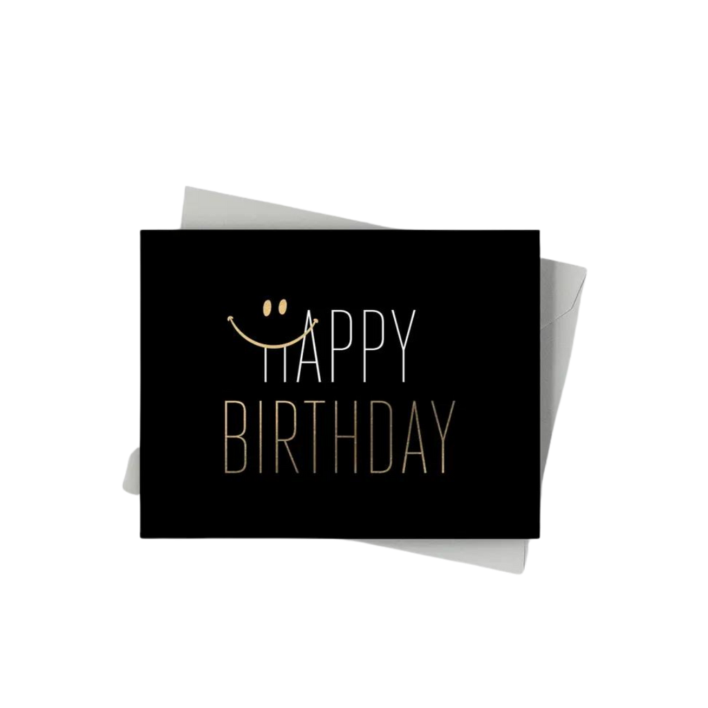 Black gold birthday greeting card with smiley face from Parte Haus party supply store in Bethesda Maryland