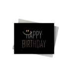Black gold birthday greeting card with smiley face from Parte Haus party supply store in Bethesda Maryland