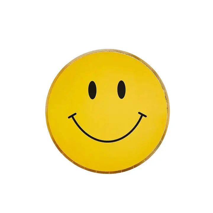 Yellow gold foiled smiley face paper plate for birthday from Parte Haus party supply store in Bethesda MD