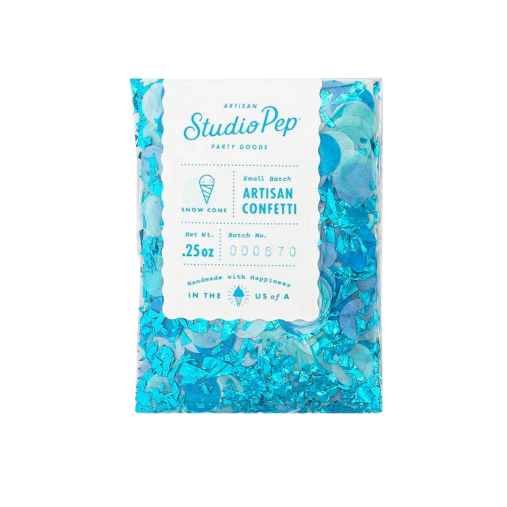 Blue snow cone artisan confetti with shiny paper for celebrations from Parte Haus party supply store in Bethesda Maryland