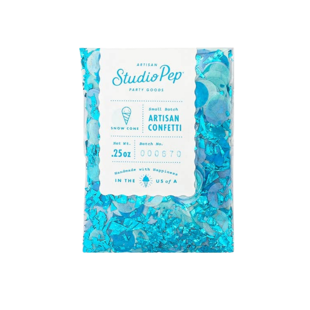 Blue snow cone artisan confetti with shiny paper for celebrations from Parte Haus party supply store in Bethesda Maryland