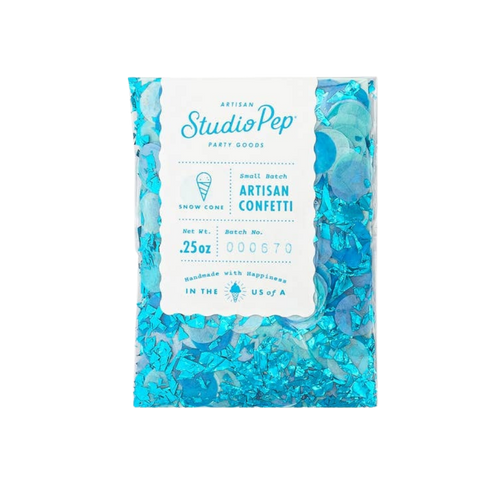 Blue snow cone artisan confetti with shiny paper for celebrations from Parte Haus party supply store in Bethesda Maryland