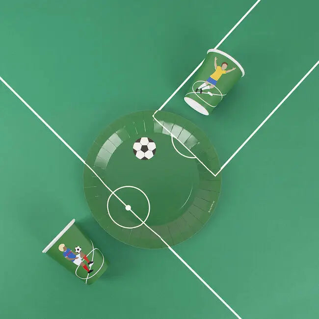 Green soccer themed paper cups and plate for sports birthday from Parte Haus party supply store in Bethesda Maryland